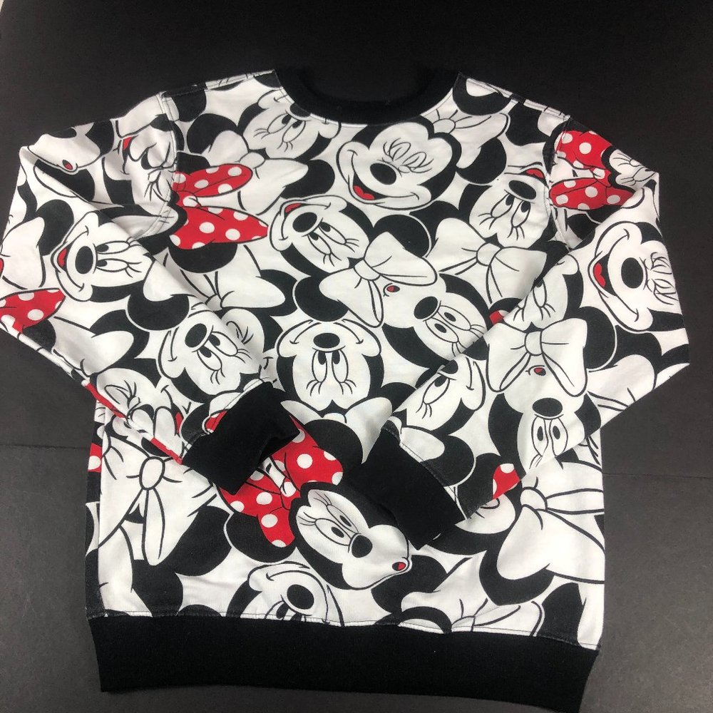 Disney Minnie Mouse Sweatshirt Adult Small White & Black All Over Print Crewneck